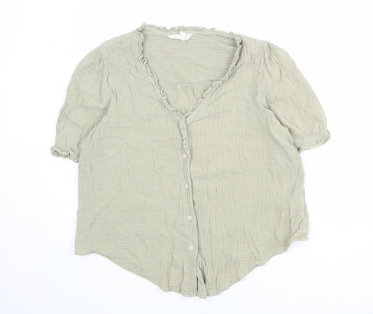 Per Una Womens Green 100% Cotton Basic Button-Up Size 12 V-Neck