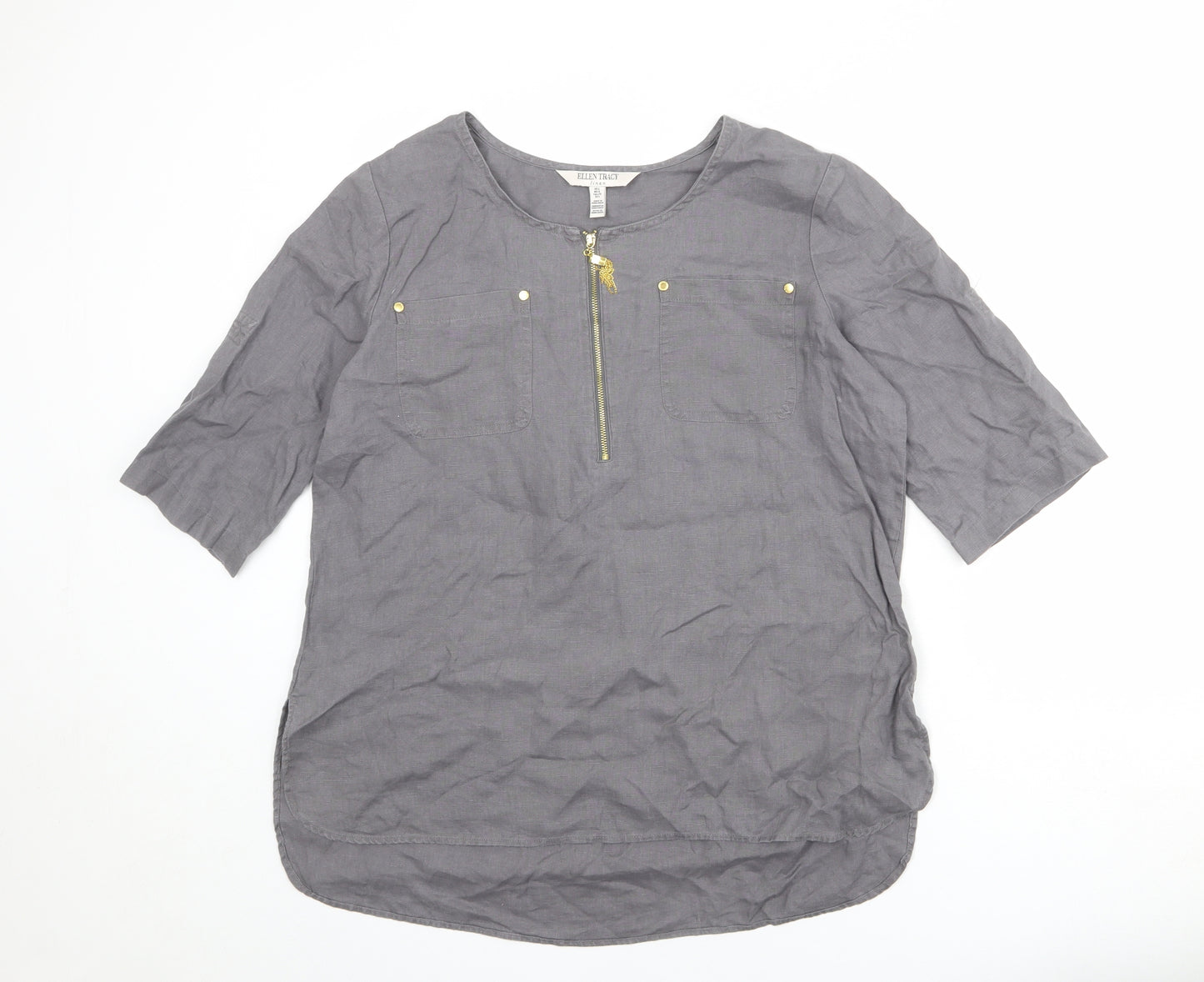 Ellen Tracy Womens Grey Linen Basic T-Shirt Size 12 Round Neck