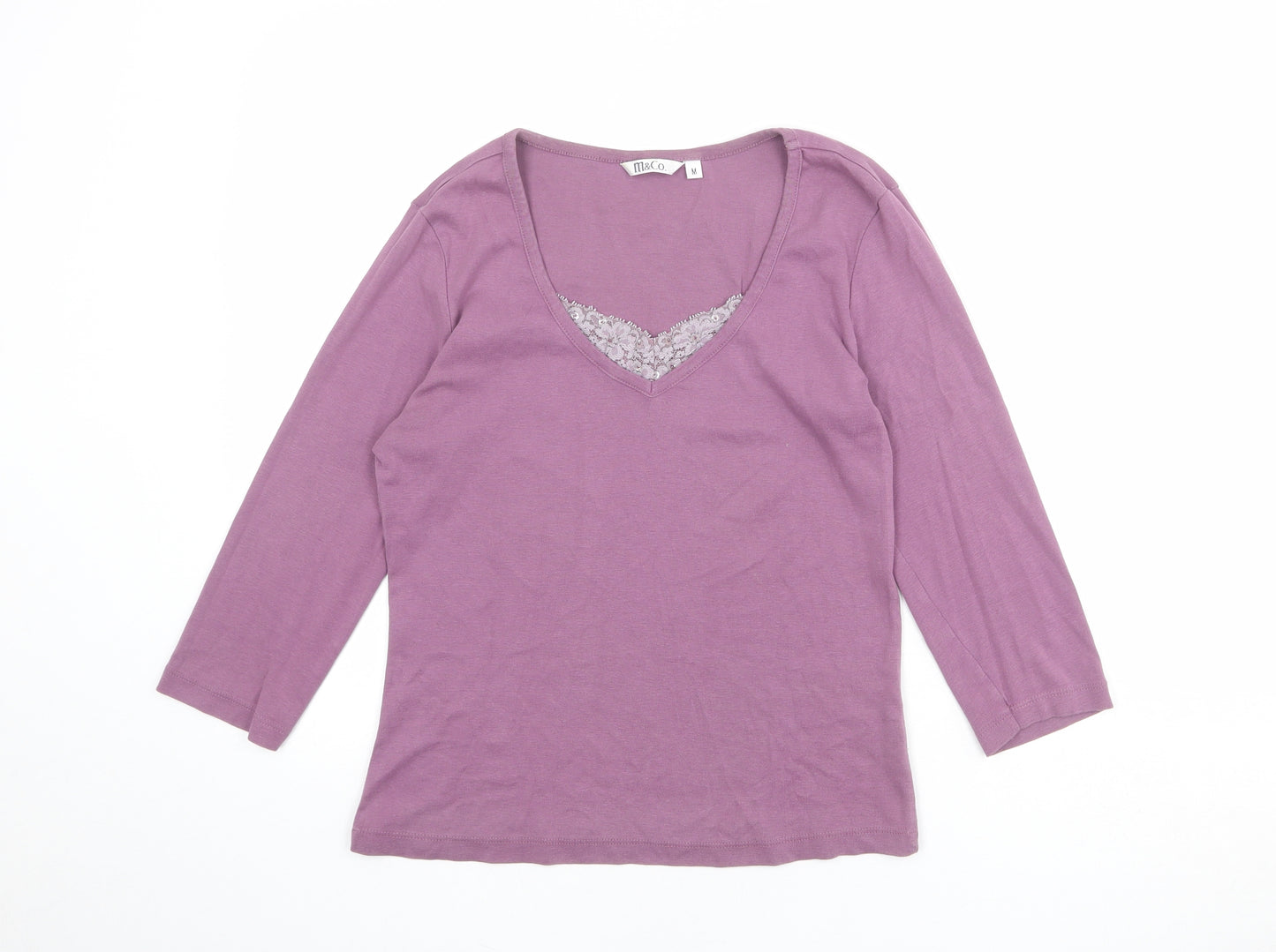 M&Co Womens Purple 100% Cotton Basic T-Shirt Size M V-Neck