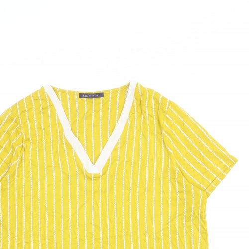 Marks and Spencer Womens Yellow Striped Viscose Basic T-Shirt Size 16 V-Neck