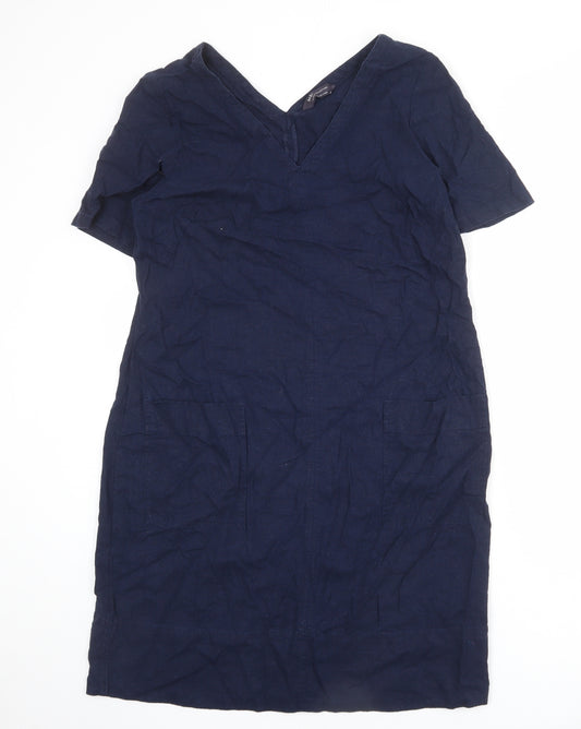 Marks and Spencer Womens Blue Linen A-Line Size 14 V-Neck Pullover