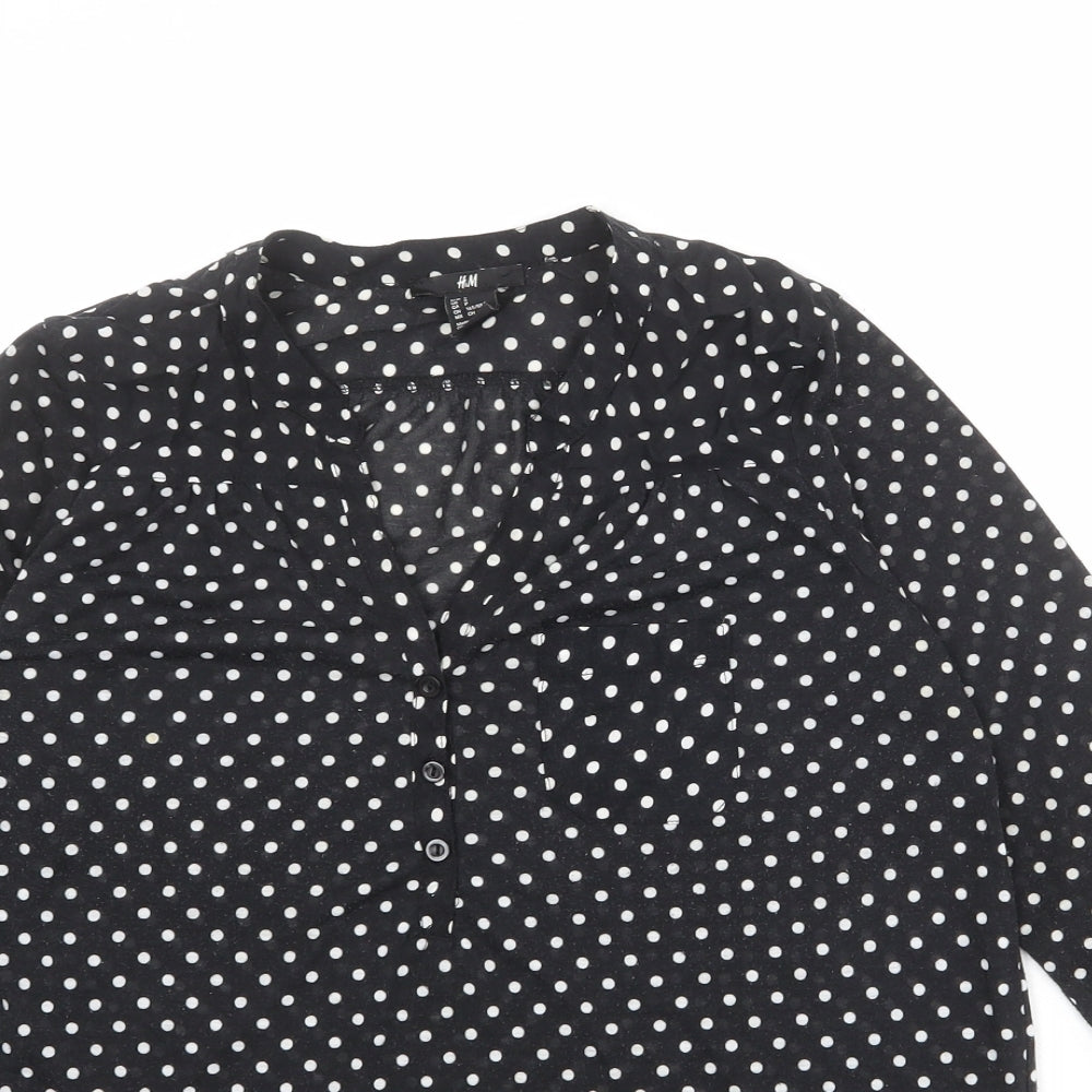 H&M Womens Black Polka Dot Polyester Basic Blouse Size S V-Neck