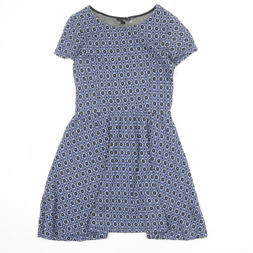 Topshop Womens Blue Geometric 100% Cotton T-Shirt Dress Size 6 Boat Neck Pullover