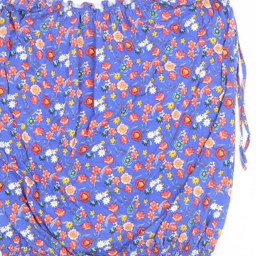 Very Womens Blue Floral 100% Cotton Basic Blouse Size 24 Boat Neck - Ruched Shoulder Detail