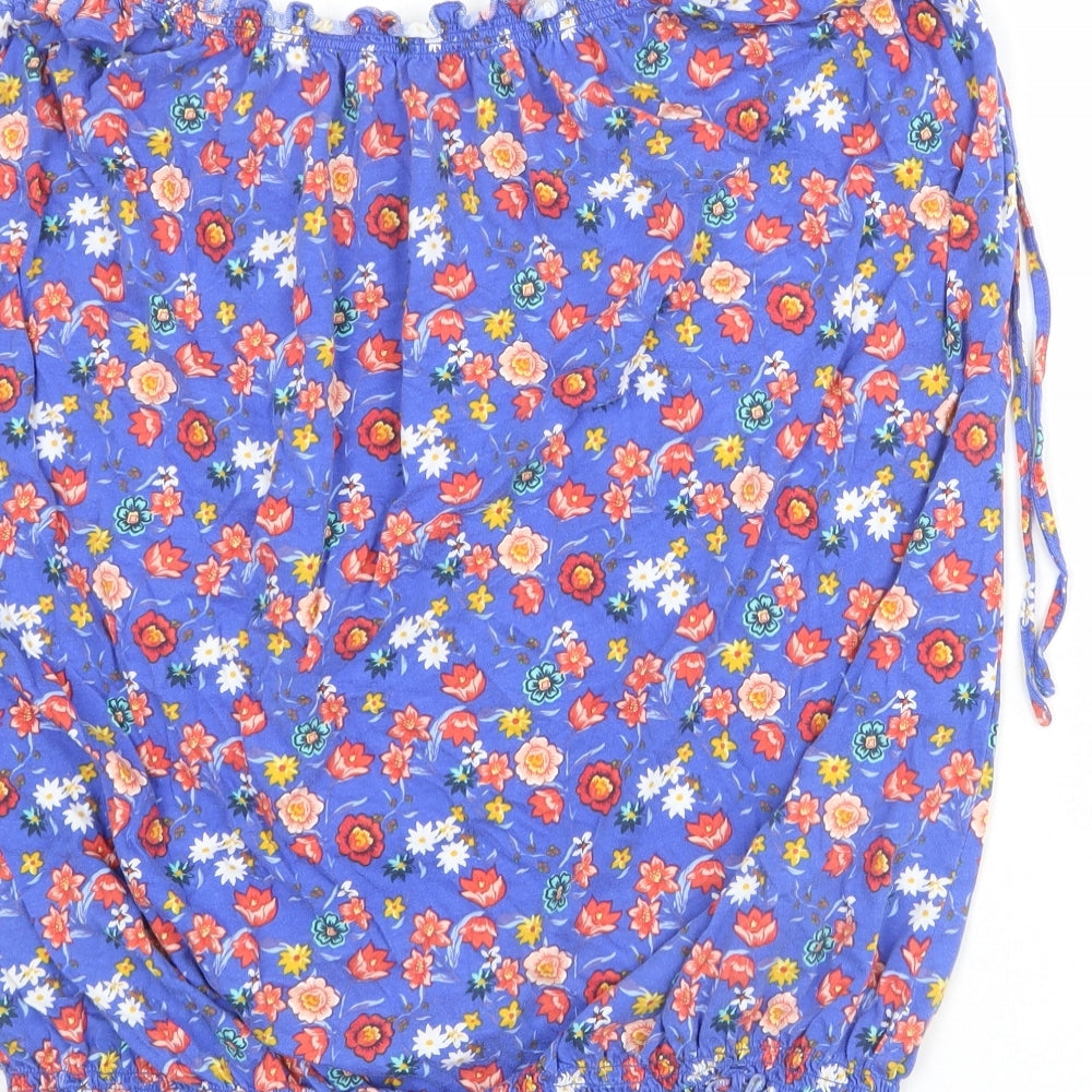 Very Womens Blue Floral 100% Cotton Basic Blouse Size 24 Boat Neck - Ruched Shoulder Detail