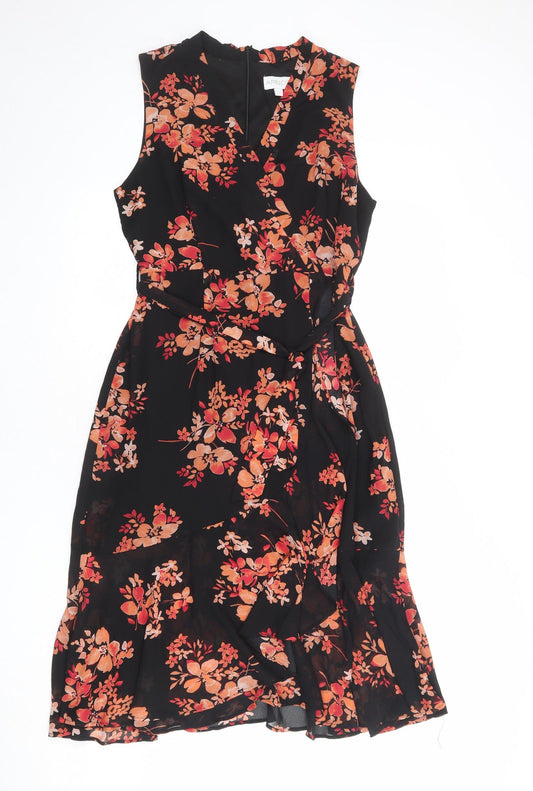 Apricot Womens Black Floral Polyester A-Line Size 16 V-Neck Zip