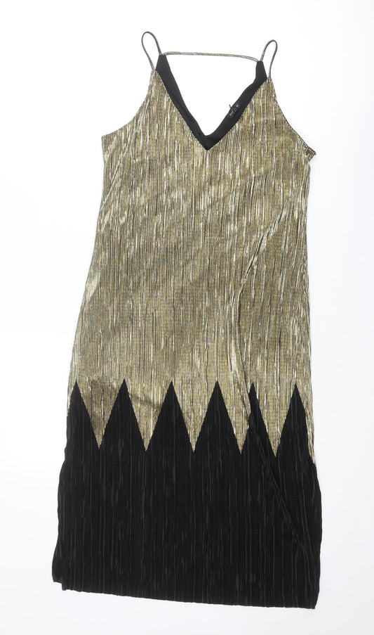 River Island Womens Gold Colourblock Polyester Slip Dress Size 10 V-Neck Pullover
