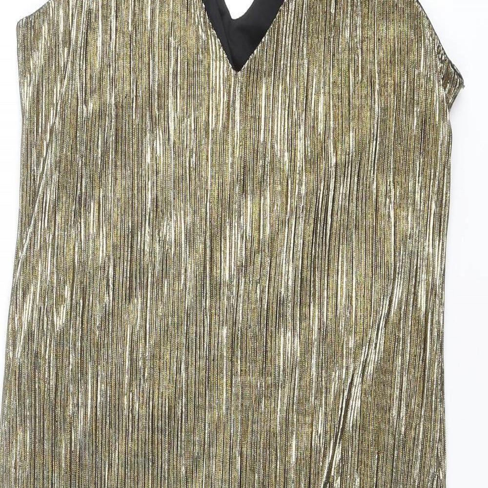 River Island Womens Gold Colourblock Polyester Slip Dress Size 10 V-Neck Pullover