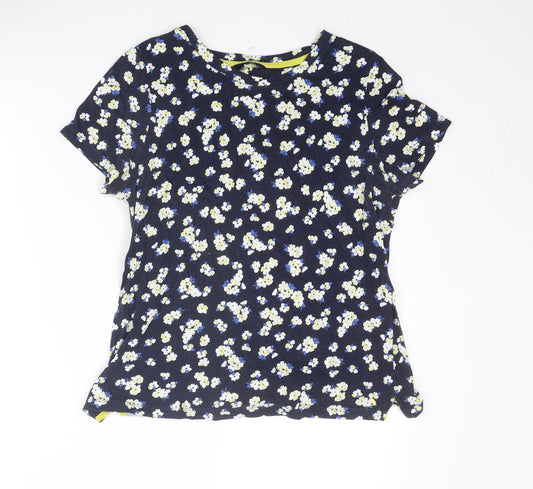 Joules Womens Blue Floral Cotton Basic T-Shirt Size 10 Boat Neck
