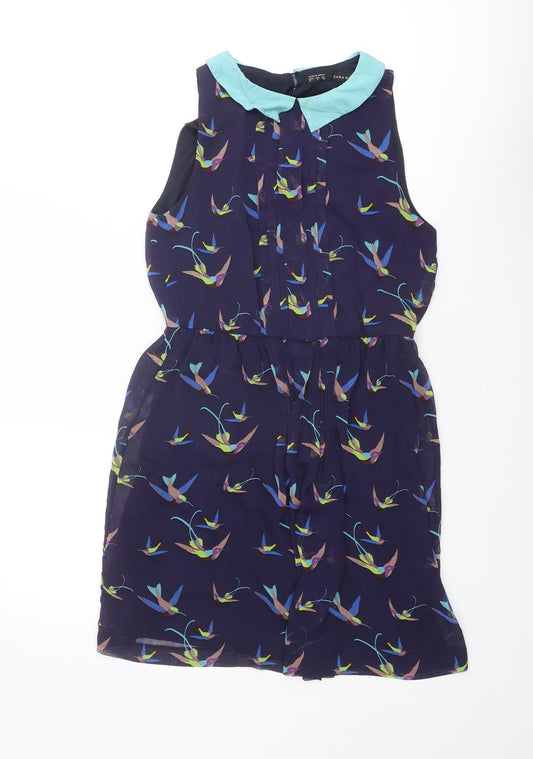 Zara Womens Blue Geometric Polyester Shift Size S Collared Button - Bird pattern