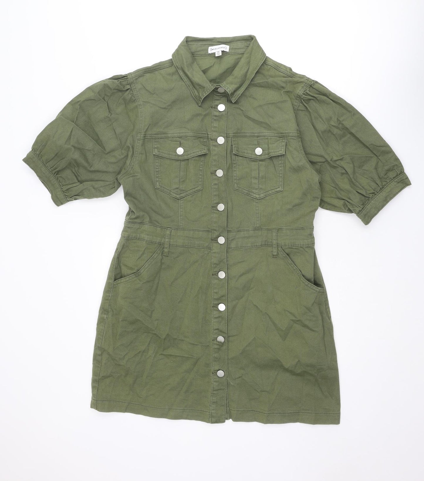 Warehouse Womens Green Cotton Shirt Dress Size 16 Collared Button