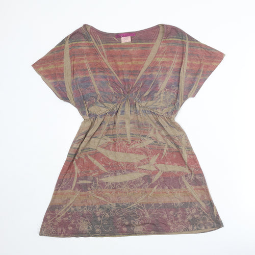 Daniel Benjamin Womens Multicoloured Geometric Polyester Basic T-Shirt Size M V-Neck