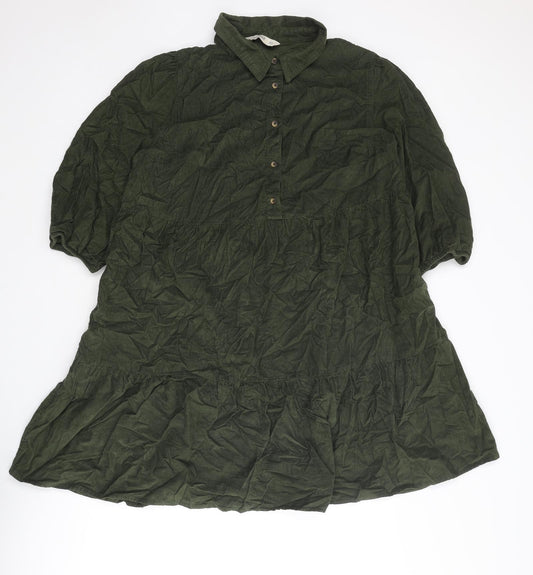 F&F Womens Green Cotton Shirt Dress Size 16 Collared Button