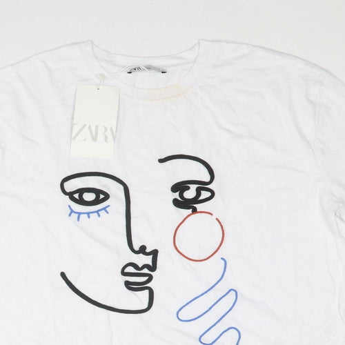 Zara Womens White Cotton Basic T-Shirt Size S Round Neck - Face