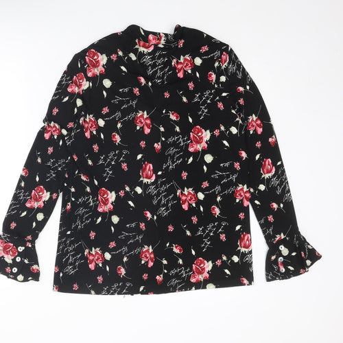 Kim & Co Womens Black Floral Polyester Basic Button-Up Size S V-Neck - Flared Sleeve