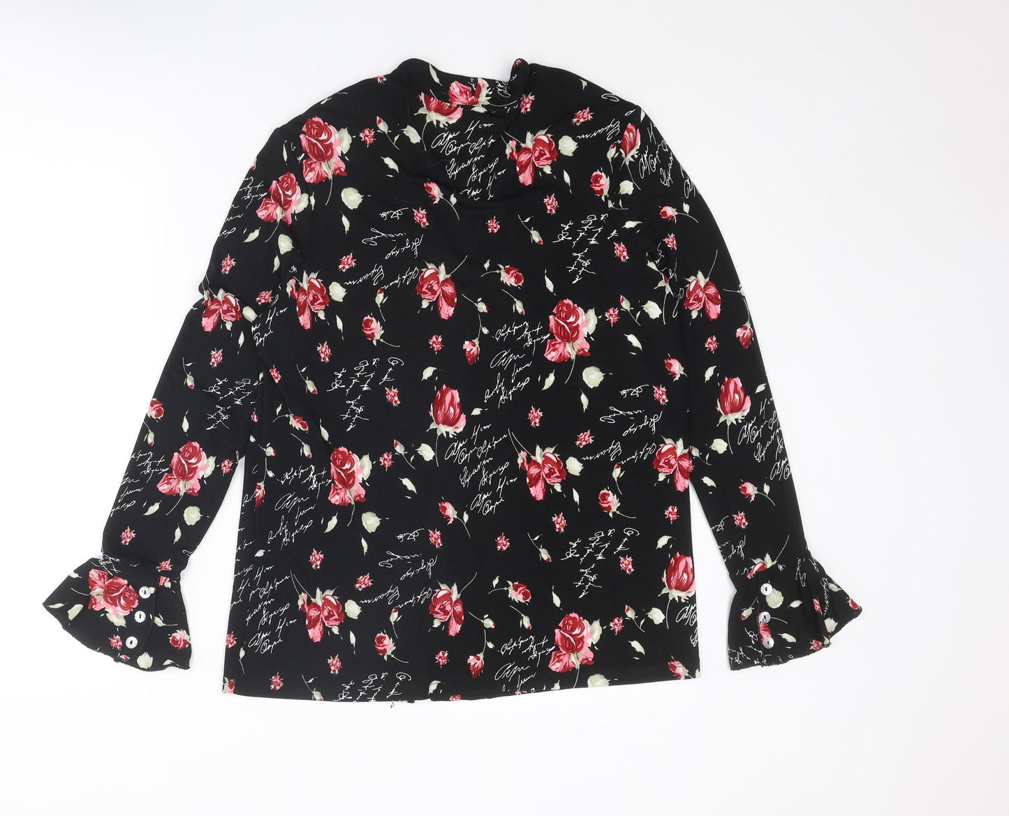 Kim & Co Womens Black Floral Polyester Basic Button-Up Size S V-Neck - Flared Sleeve