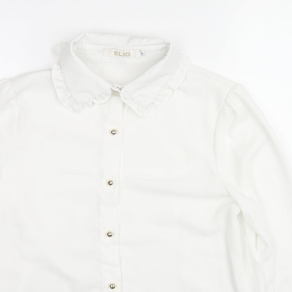 Elig Womens White Polyester Basic Button-Up Size S Collared