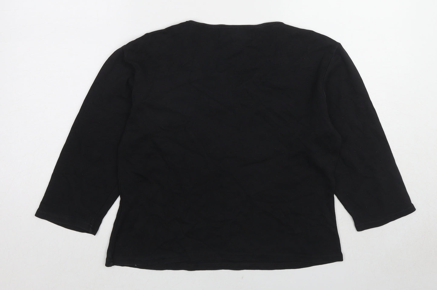 Pure & Natural Womens Black Cotton Basic T-Shirt Size M V-Neck - Floral Detail