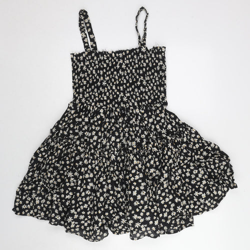 ASOS Womens Black Floral Cotton Tank Dress Size 8 Square Neck Pullover