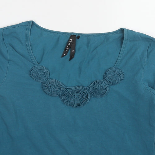 FLOWER Womens Blue Cotton Basic T-Shirt Size 12 Scoop Neck