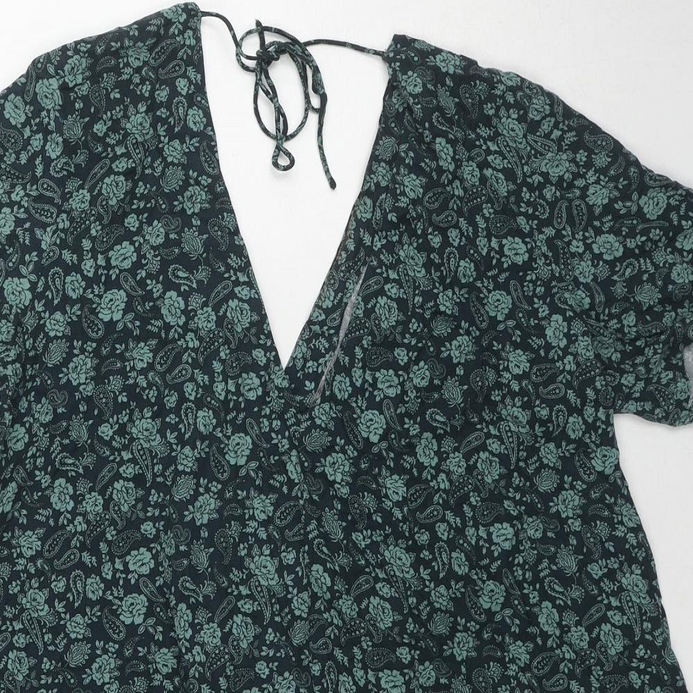 Motel Womens Green Floral Viscose A-Line Size M V-Neck Pullover