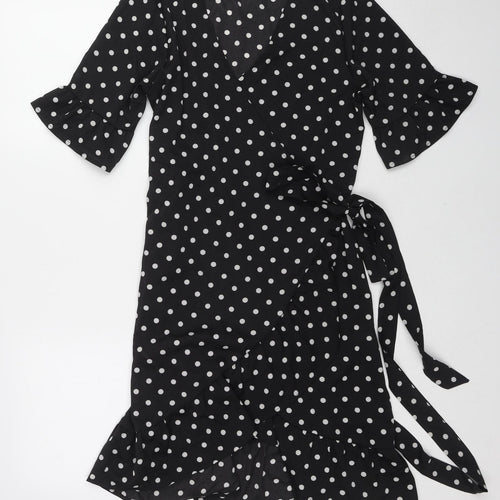 Blooming Jelly Womens Black Polka Dot Polyester Wrap Dress Size M V-Neck Tie