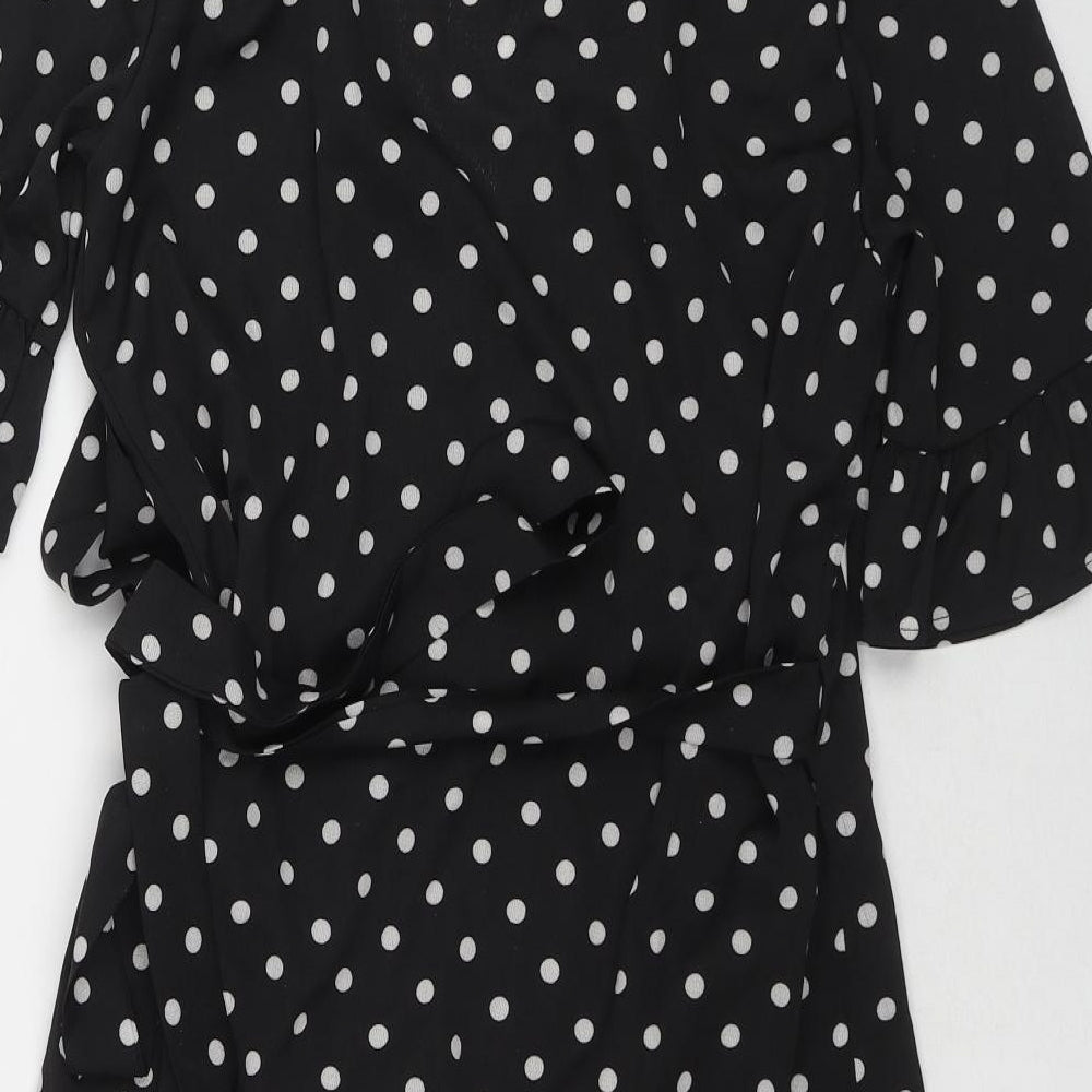 Blooming Jelly Womens Black Polka Dot Polyester Wrap Dress Size M V-Neck Tie