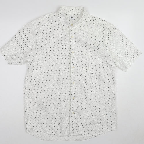 Uniqlo Mens White Polka Dot Cotton Button-Up Size M Collared Button