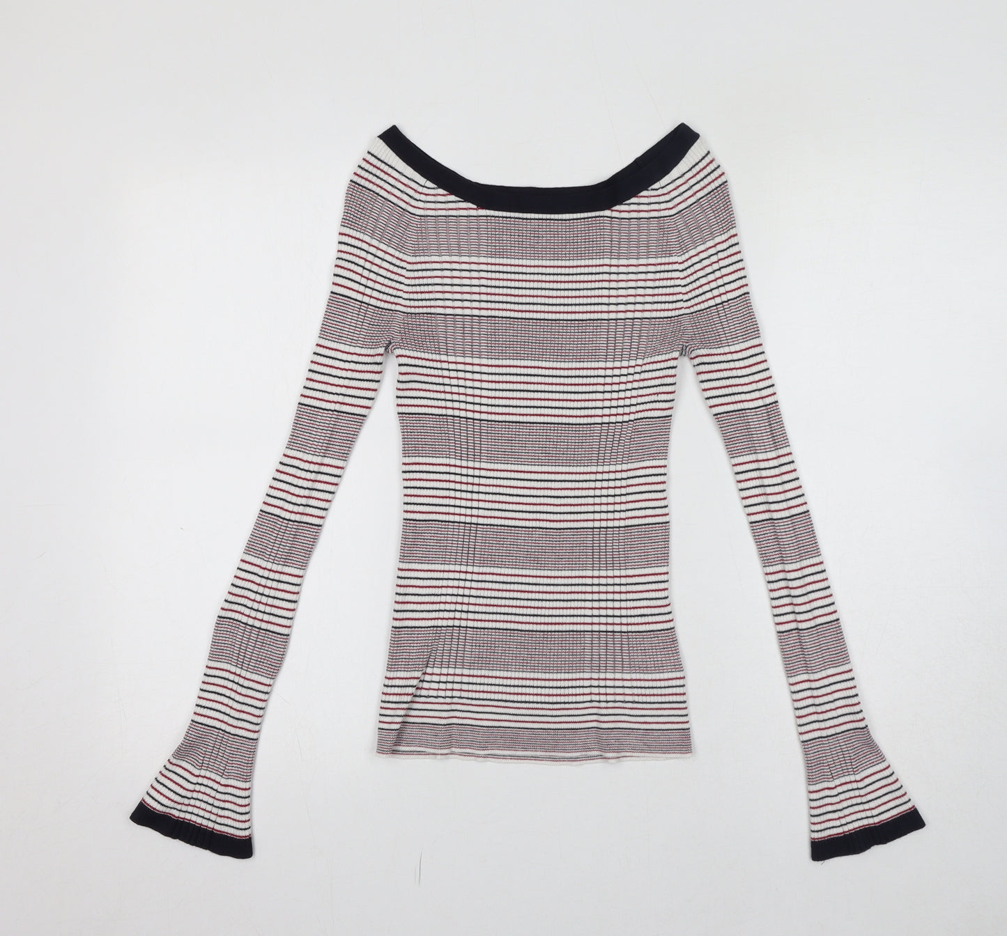 NEXT Womens Red Boat Neck Striped Viscose Pullover Jumper Size 8 Pullover - Ribbed Button
