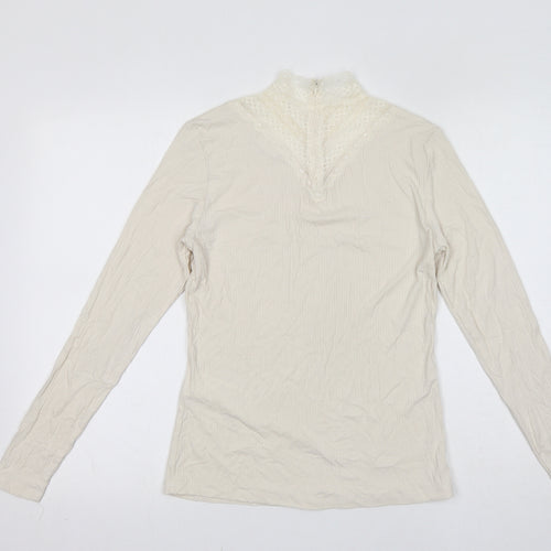 VILA Womens Ivory Viscose Basic T-Shirt Size XS Mock Neck - Lace Detail