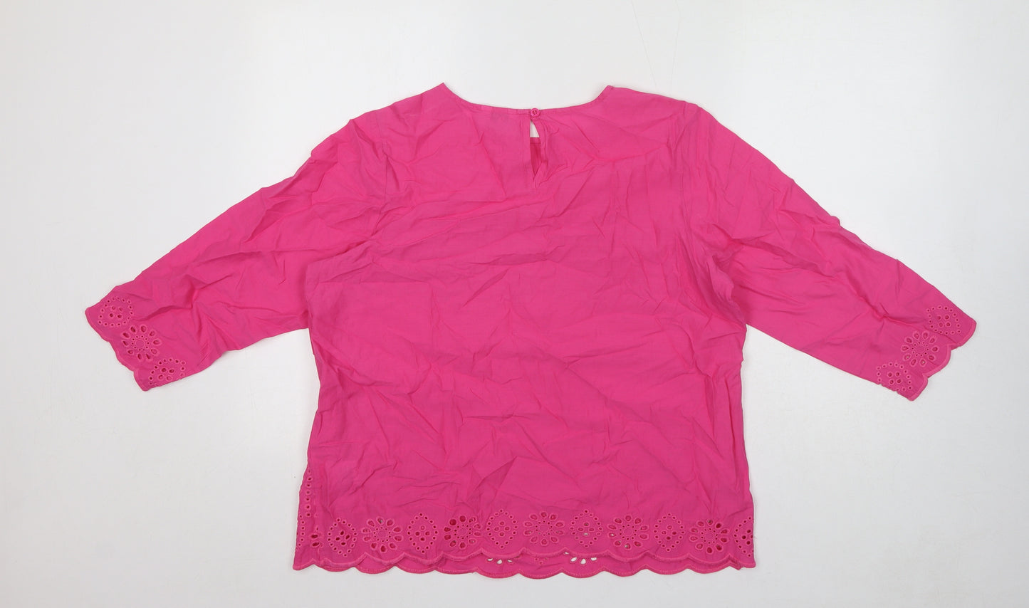 Cotton Traders Womens Pink 100% Cotton Basic Blouse Size 14 Round Neck - Broderie Anglaise