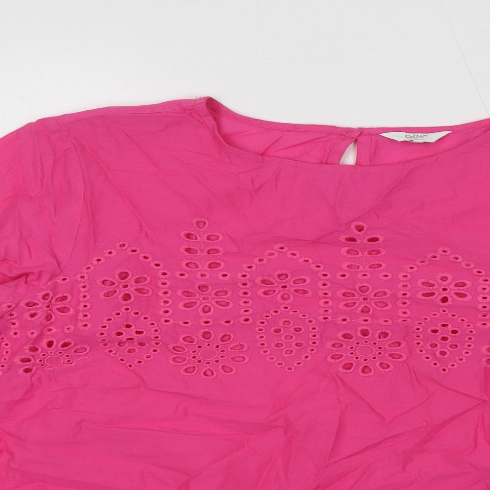 Cotton Traders Womens Pink 100% Cotton Basic Blouse Size 14 Round Neck - Broderie Anglaise