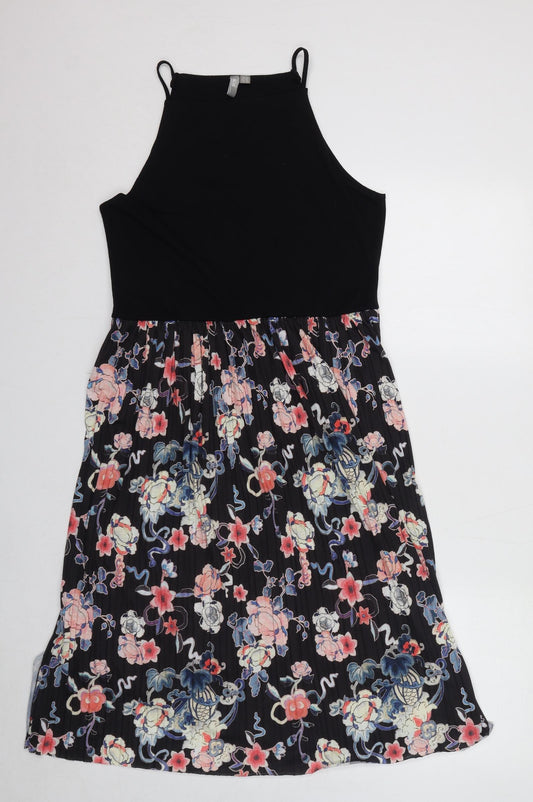ASOS Womens Black Floral Elastane Slip Dress Size 14 Round Neck Pullover