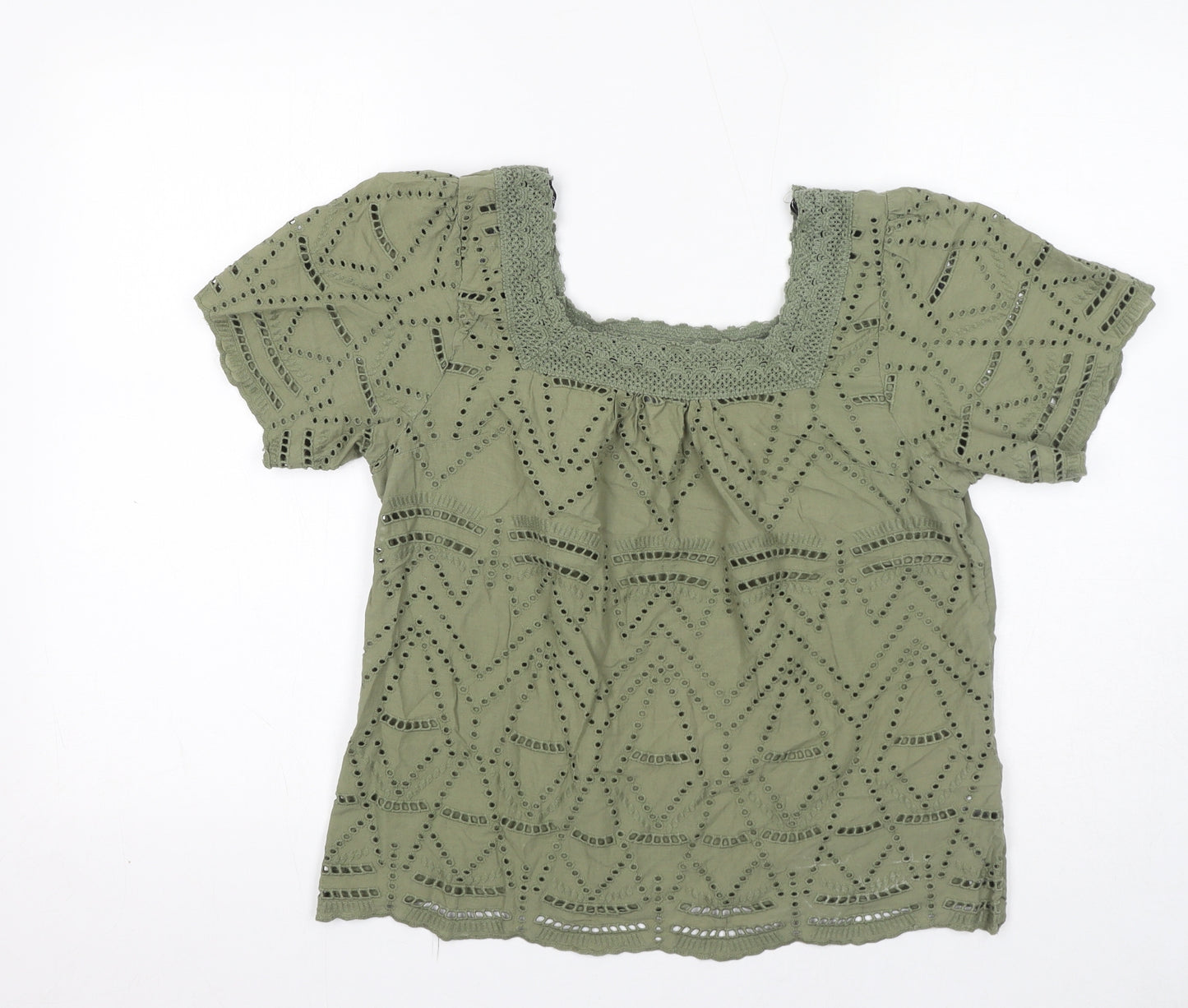 Dorothy Perkins Womens Green 100% Cotton Basic Blouse Size 12 Square Neck - Broderie Anglaise