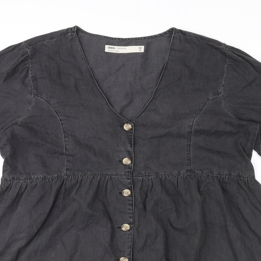 ASOS Womens Black Cotton A-Line Size 12 V-Neck Button