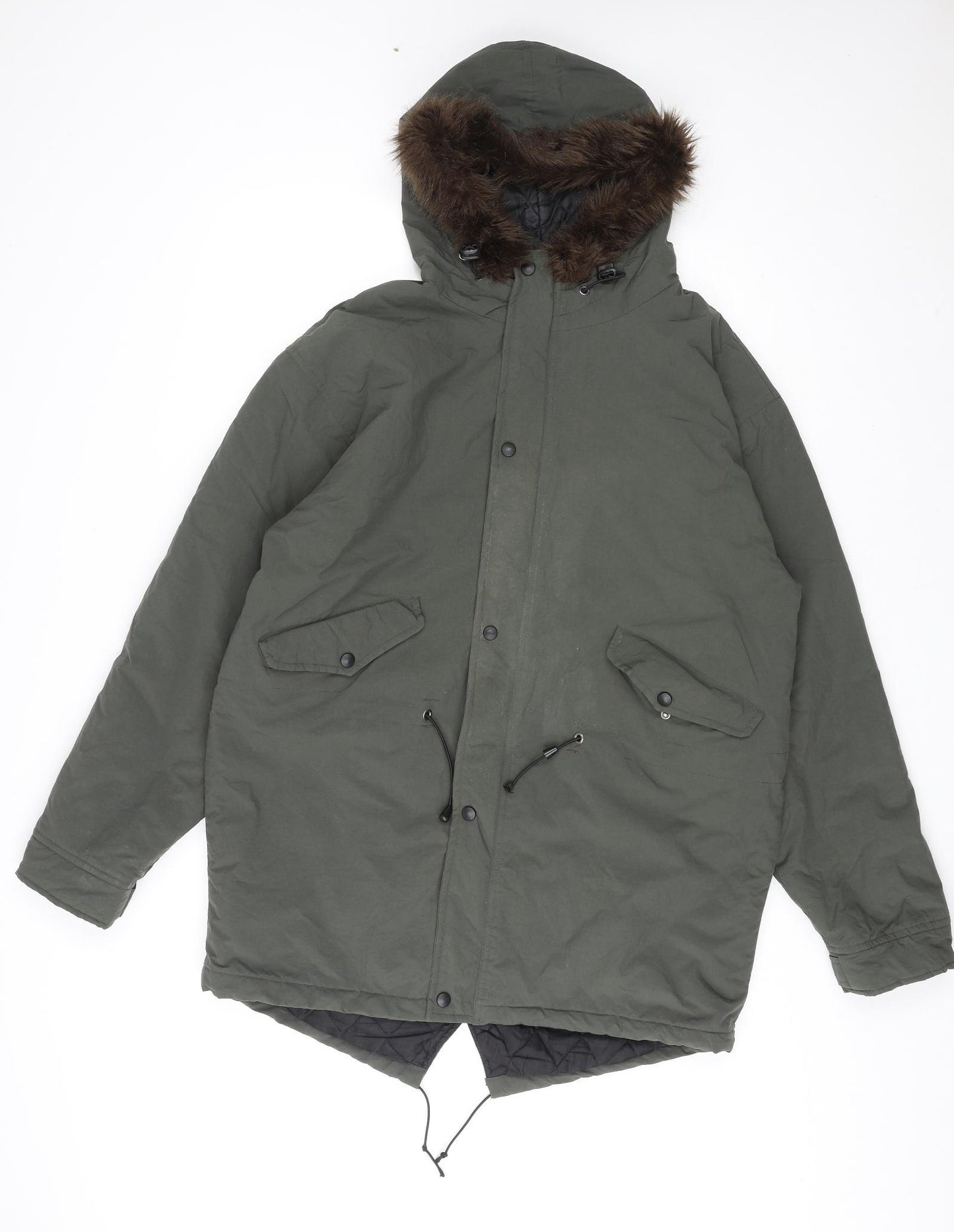 Vintage Mens Green Parka Coat Size M Zip - Faux Fur Trim