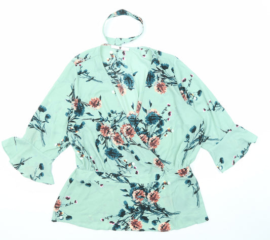 Very Womens Green Floral Polyester Basic Blouse Size 18 V-Neck - Ruffle Sleeve