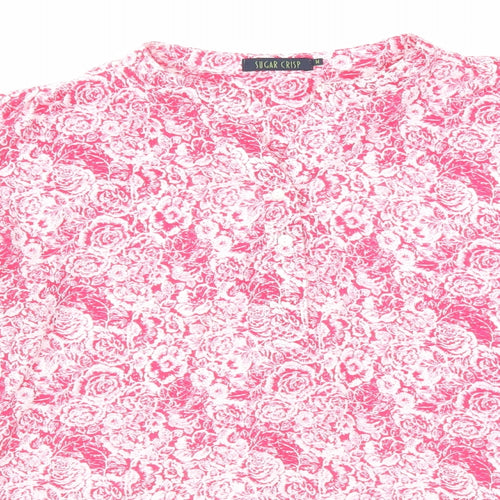 Sugar Crisp Womens Pink Floral Polyester Basic Blouse Size M V-Neck