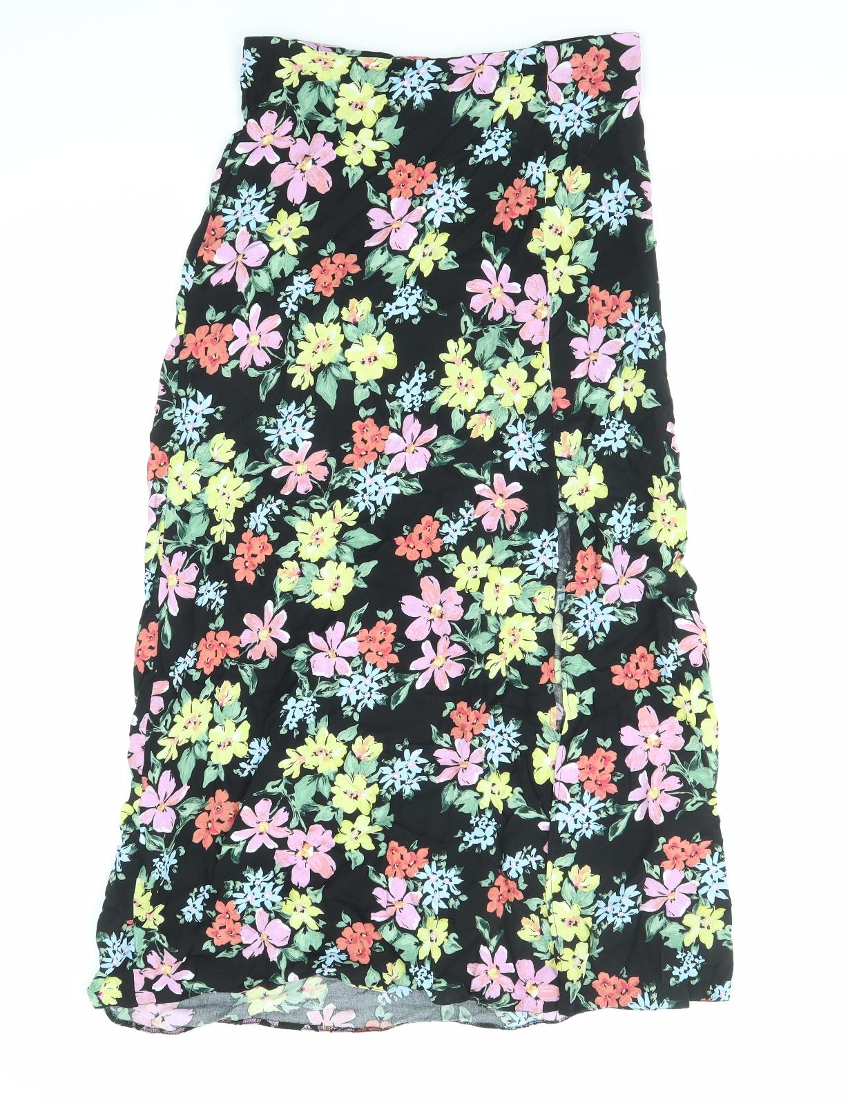 New Look Womens Black Floral Viscose Peasant Skirt Size 8 Zip
