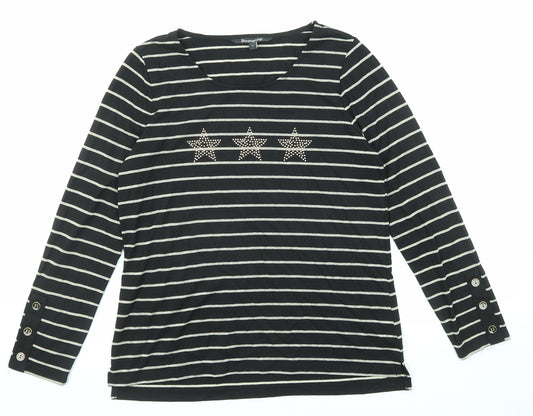Bonmarché Womens Black Striped Polyester Basic T-Shirt Size 12 Boat Neck - Stars