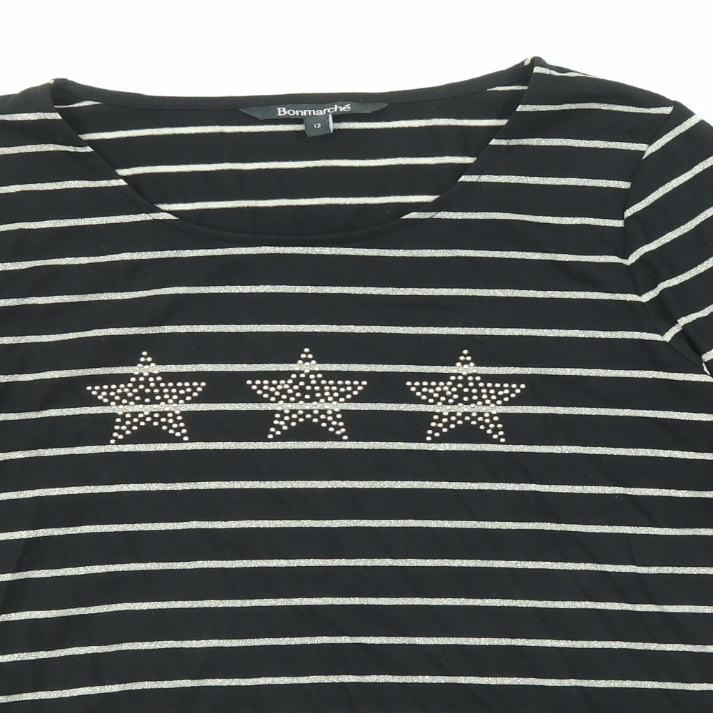 Bonmarché Womens Black Striped Polyester Basic T-Shirt Size 12 Boat Neck - Stars