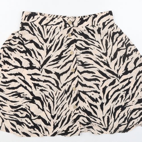 New Look Womens Beige Animal Print Viscose Skater Skirt Size 12 Button - Tiger pattern