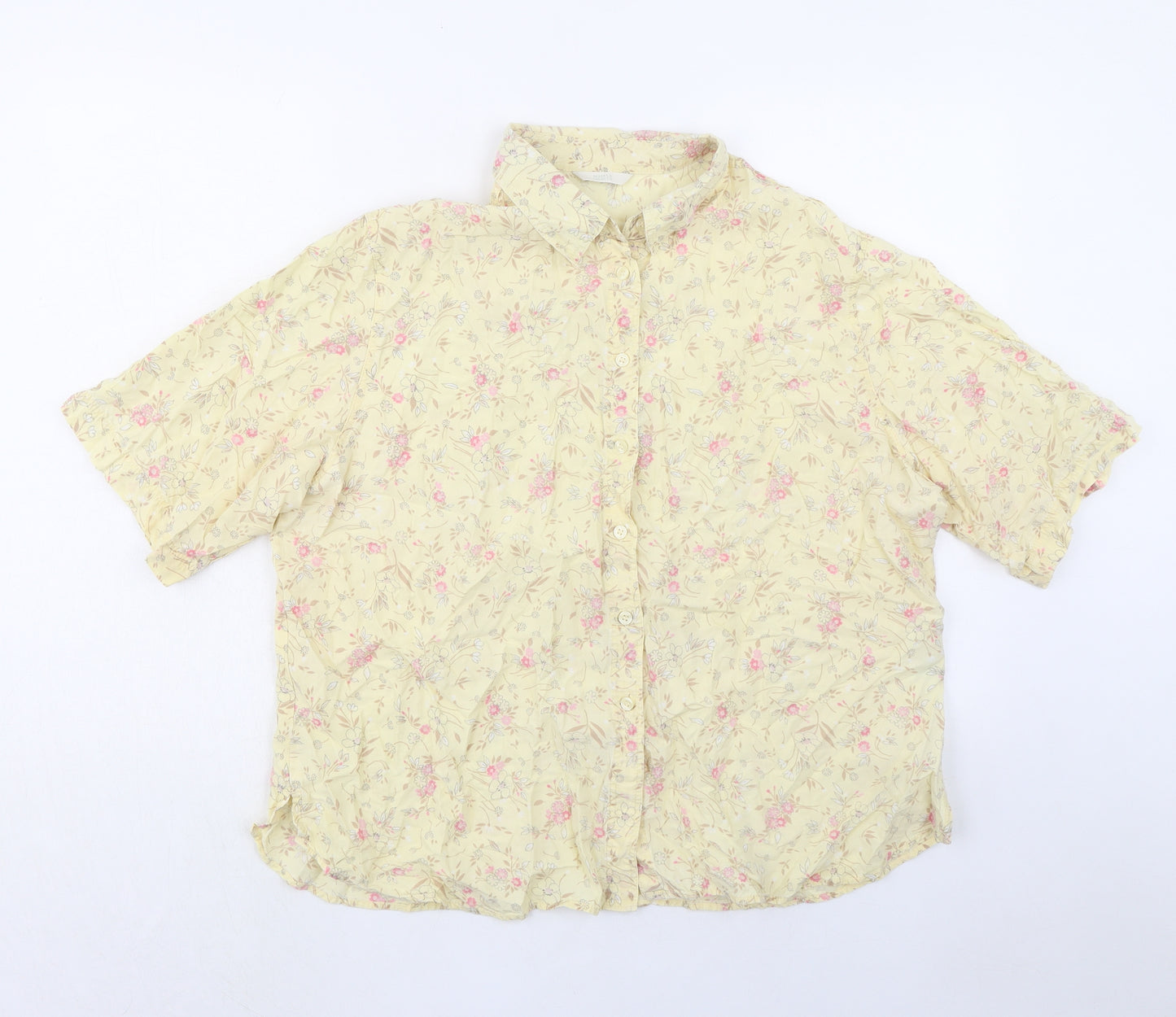 Marks and Spencer Womens Yellow Floral Lyocell Basic Button-Up Size 22 Collared