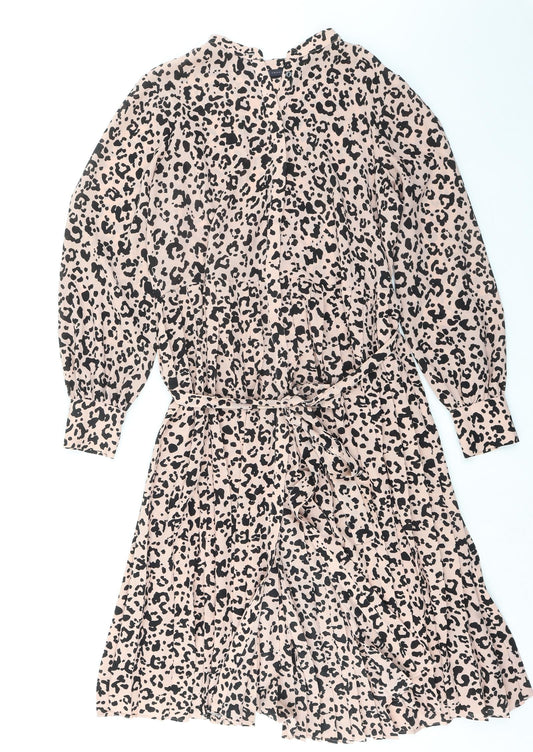 Marks and Spencer Womens Pink Animal Print Polyester A-Line Size 14 V-Neck Button - Leopard Print