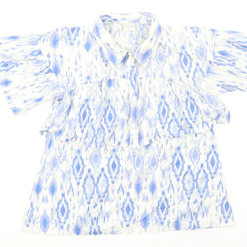 Pito Dito Womens Blue Geometric 100% Cotton Basic Button-Up Size 14 Collared