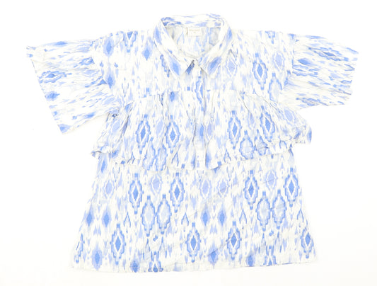 Pito Dito Womens Blue Geometric 100% Cotton Basic Button-Up Size 14 Collared