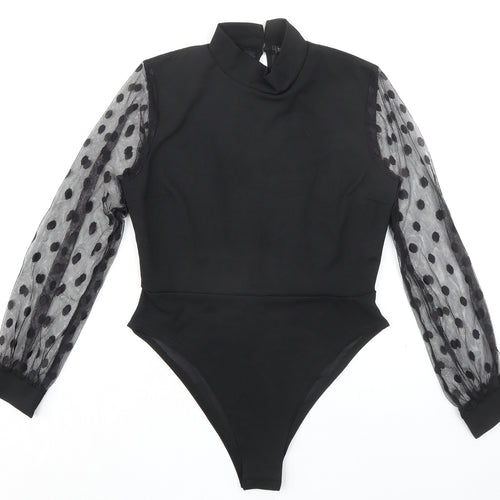 Boohoo Womens Black Polka Dot Polyester Bodysuit One-Piece Size 12 Snap