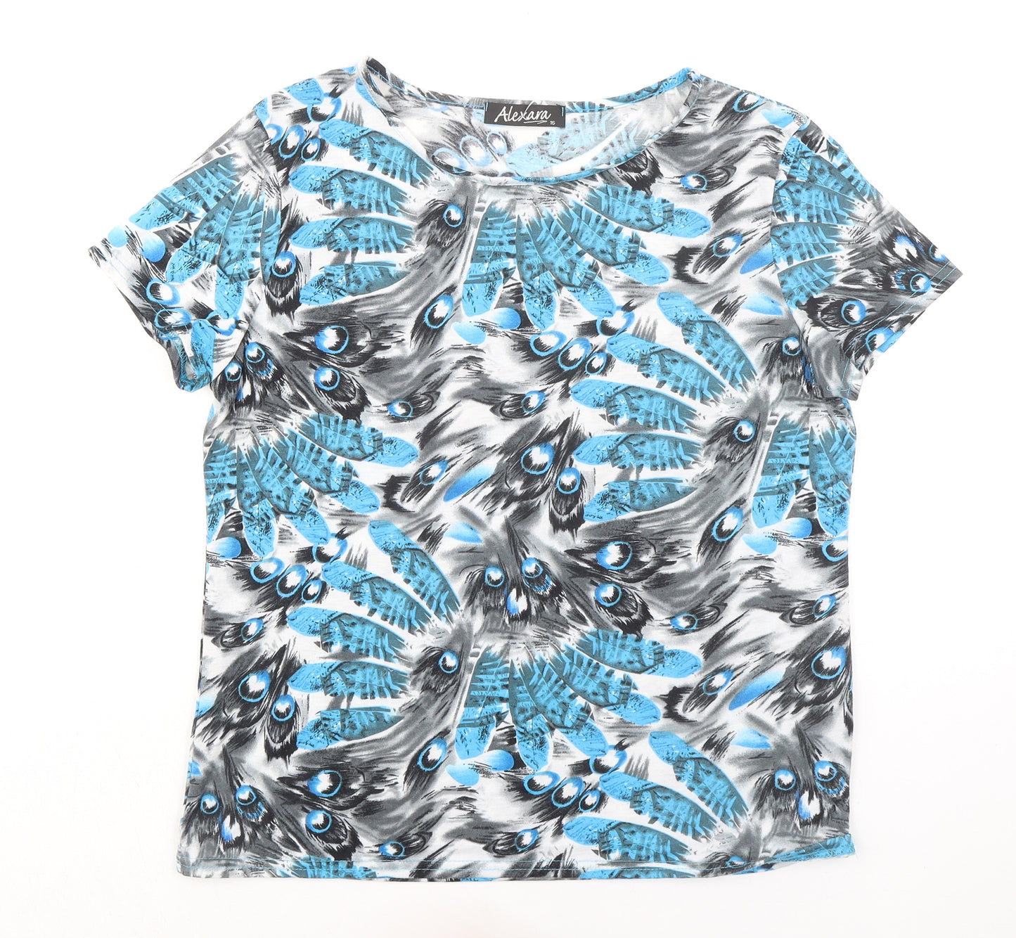 Alexara Womens Blue Geometric Viscose Basic T-Shirt Size 16 Boat Neck