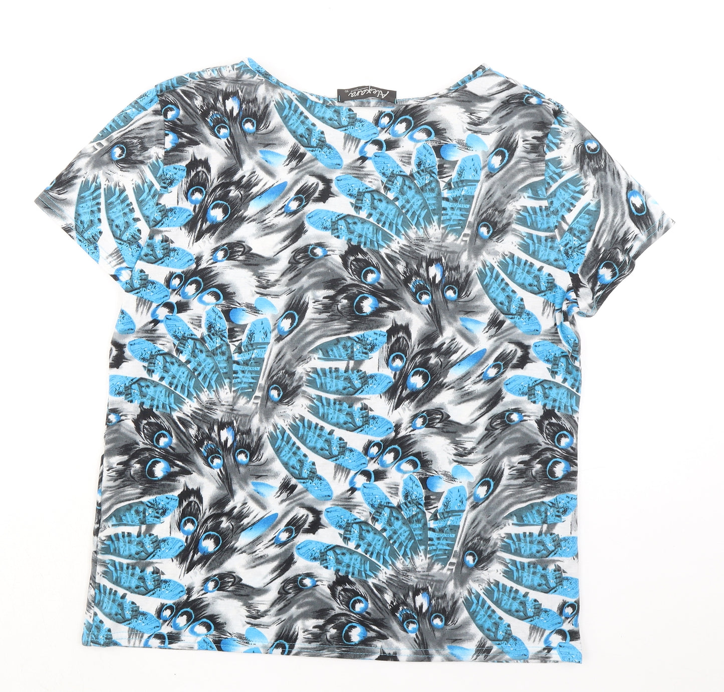 Alexara Womens Blue Geometric Viscose Basic T-Shirt Size 16 Boat Neck