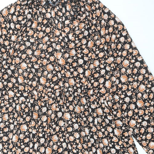 Zara Womens Black Floral Polyester Skater Dress Size S Round Neck Button